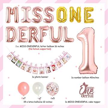 Miss Onederful 1st Birthday Decorations for Girls, Miss Onederful Balloons Banner Rose Gold, Monthly Photo Banner Cake Topper, Little Miss Wonderful First Birthday Party Supplies