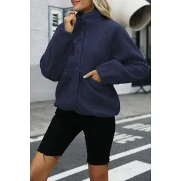 Nirovien Sherpa Jacket Women Fleece Jacket Button Down Jacket with Pockets Fuzzy Coat Teddy Bear Jacket(Navy,M)