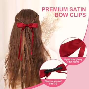 8 PCS Silky Satin Hair Bows with Tassel for Women Grils, Tassel Ribbon Bowknot Hair Clips for Ponytail Holder. Pink, Red Hair Bow and Black, White Barrettes Claw Bow