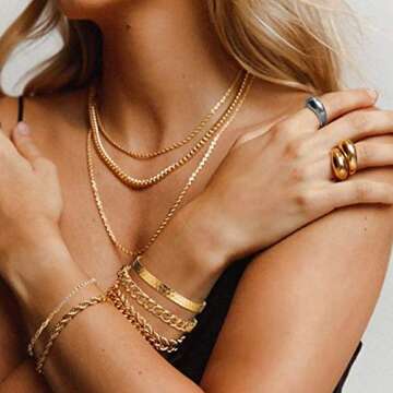 FAXHION Gold Cuff Bracelets for Woman,Chunky Dome Rings,Stackable Bracelet Set,Cuban Link Cuff Bangles Bracelets,9pcs Bracelet Set Rings set,Chain Jewelry for Women
