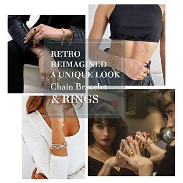 FAXHION Gold Cuff Bracelets for Woman,Chunky Dome Rings,Stackable Bracelet Set,Cuban Link Cuff Bangles Bracelets,9pcs Bracelet Set Rings set,Chain Jewelry for Women