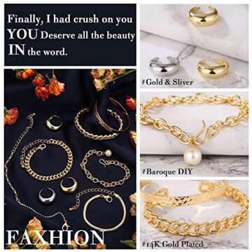 FAXHION Gold Cuff Bracelets for Woman,Chunky Dome Rings,Stackable Bracelet Set,Cuban Link Cuff Bangles Bracelets,9pcs Bracelet Set Rings set,Chain Jewelry for Women