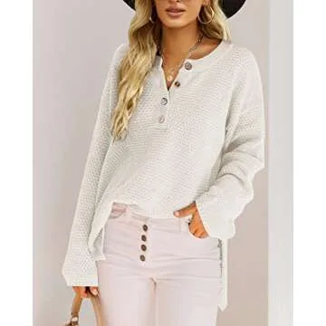 Saodimallsu Women's Oversized Sweaters Batwing Long Sleeve Loose V Neck Button Henley Tops Pullover ...