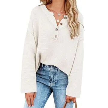 Saodimallsu Women's Oversized Sweaters Batwing Long Sleeve Loose V Neck Button Henley Tops Pullover Knit Jumper White