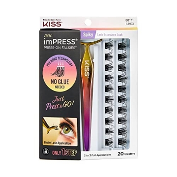 imPRESS Falsies Self Adhesive Eyelashes Eyelash Clusters Kit, 12mm-14mm Glam Volume Lashes, Black, No Glue Needed, Invisible Band, 24 Hours | 20 Clusters & Ergonomic Non-Stick Applicator - Spiky