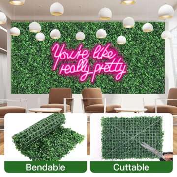 12 Pcs 24"x 16" Artificial Grass Wall Panels with Pink Neon Sign Boxwood Hedge Wall Panels for 31 SQ Feet Greenery Backdrop Wall Decor for Indoor Garden Fence Backyard (Style C)