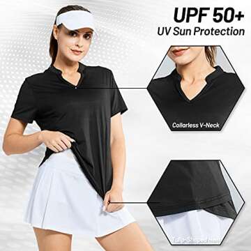 MIER Women's Golf Polo Shirts Collarless UPF 50+ Short Sleeve Tennis Running T-Shirts V-Neck