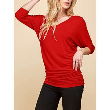 MBJ WT1036 Womens V Neck 3/4 Sleeve Dolman Top with Side Shirring XL RED