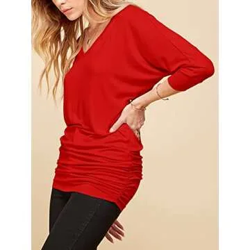 MBJ WT1036 Womens V Neck 3/4 Sleeve Dolman Top with Side Shirring XL RED