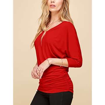 MBJ WT1036 Womens V Neck 3/4 Sleeve Dolman Top with Side Shirring XL RED