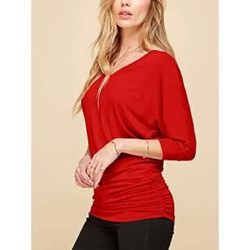 MBJ WT1036 Womens V Neck 3/4 Sleeve Dolman Top with Side Shirring XL RED