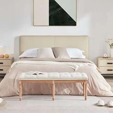 Tbfit Premium Extra-Long Upholstered Tufted Bed Bench Seat for Bedroom, Entryway Wood Bench with Sturdy Wooden Legs, Buttoned Vanity Rectangle Dining Bench (Beige)