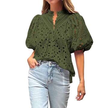 BTFBM Summer Blouse with Eyelet Lace and Puff Sleeves