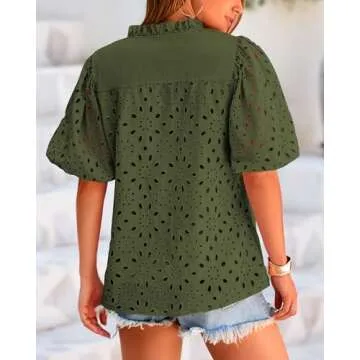 BTFBM Summer Blouse with Eyelet Lace and Puff Sleeves