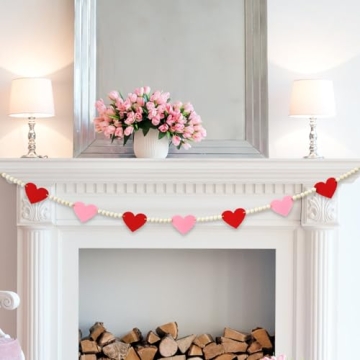 4.2 FT Felt Heart Wooden Beads Garland Valentine's Day Hanging Decorations, Romantic Beaded Tiered T...