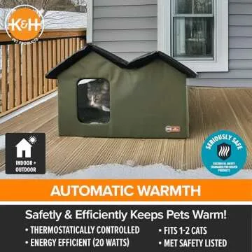 K&H Pet Products Extra-Wide Heated Outdoor Cat House for Outside Pets in Winter, Weatherproof Outdoor House for Ferals, Insulated Shelter, 2 Doors, Waterproof Heated Cat Bed, Safety Listed - Olive