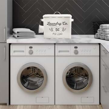 AuldHome Design Farmhouse Laundry Powder Container, White Enamelware Detergent Bin w/ Scoop