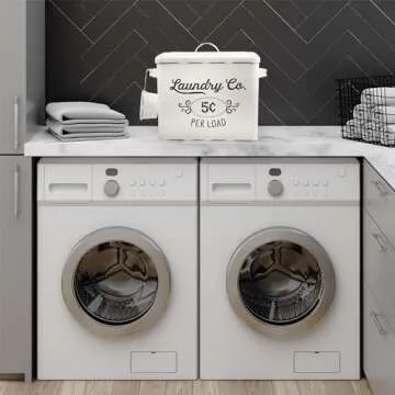 AuldHome Design Farmhouse Laundry Powder Container, White Enamelware Detergent Bin w/ Scoop