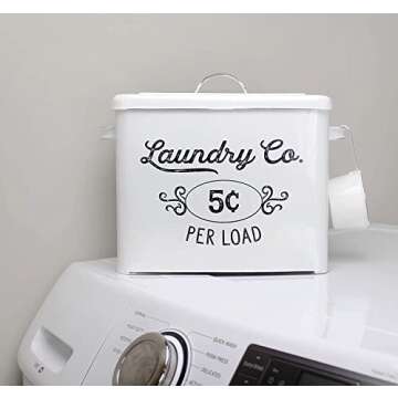 AuldHome Design Farmhouse Laundry Powder Container, White Enamelware Detergent Bin w/ Scoop