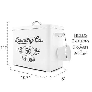 AuldHome Design Farmhouse Laundry Powder Container, White Enamelware Detergent Bin w/ Scoop