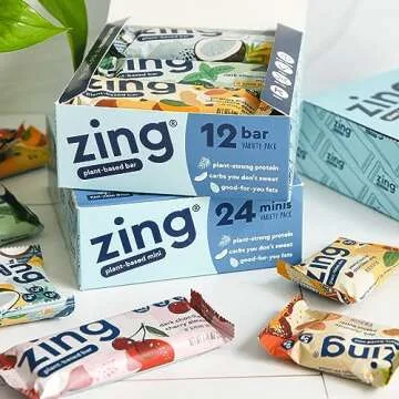 Zing Vegan Protein Bars Variety Pack - Top 6 Flavors, Gluten Free Nutrition Bars, High Protein & Fiber, Soy Free, Dairy Free Plant Based Protein, Kosher, Low Sugar, No Sugar Alcohols - 12 count