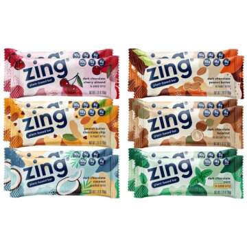 Zing Vegan Protein Bars Variety Pack - Top 6 Flavors, Gluten Free Nutrition Bars, High Protein & Fiber, Soy Free, Dairy Free Plant Based Protein, Kosher, Low Sugar, No Sugar Alcohols - 12 count