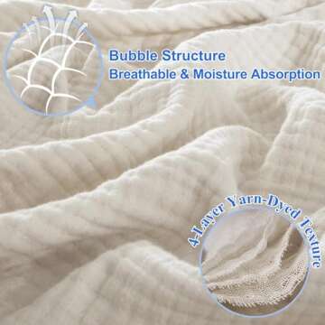 PHF 100% Cotton Muslin Blanket Queen Size 90" x 90", 4-Layer Lightweight and Breathable Blanket,Luxuriously Soft Gauze Bedding for Bed Couch, Ideal Gift Choice, Oat Milk