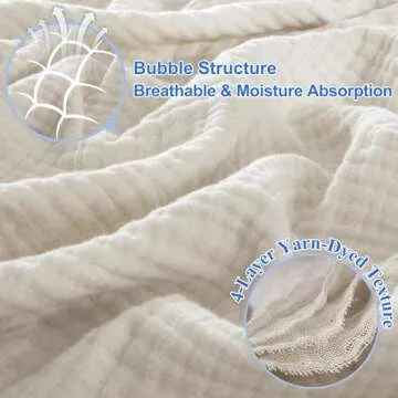 PHF 100% Cotton Muslin Blanket Queen Size 90" x 90", 4-Layer Lightweight and Breathable Blanket,Luxuriously Soft Gauze Bedding for Bed Couch, Ideal Gift Choice, Oat Milk