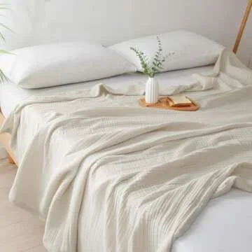 PHF 100% Cotton Muslin Blanket Queen Size 90" x 90", 4-Layer Lightweight and Breathable Blanket,Luxuriously Soft Gauze Bedding for Bed Couch, Ideal Gift Choice, Oat Milk