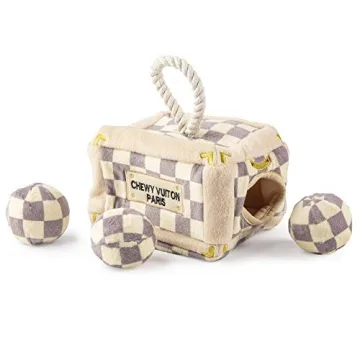 Haute Diggity Dog Checker Chewy Vuiton Trunk Activity House - Plush Designer Dog Toy with Squeaker