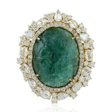 Artisan.NYC 15.74 ct Carved Emerald Cocktail Ring With Multi Shaped Diamonds Made In 18k Yellow Gold