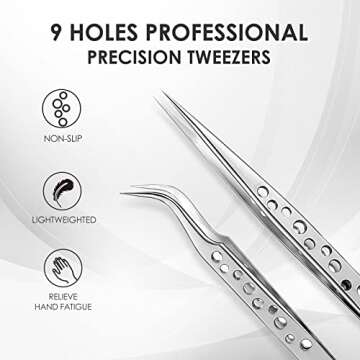 LANKIZ Eyelash Extension Tweezers Stainless Steel Straight and Curved Volume Lash Tweezers Set of 2 for Professional Eyelash Extension Application -9 Holes Silver