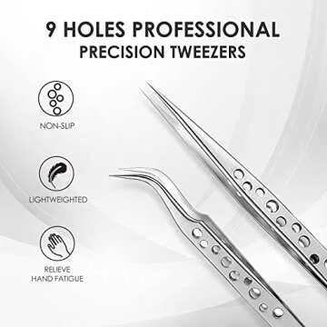 LANKIZ Eyelash Extension Tweezers Stainless Steel Straight and Curved Volume Lash Tweezers Set of 2 for Professional Eyelash Extension Application -9 Holes Silver