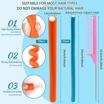 70 PCS Flexible Curling Rods Twist Foam Hair Rods 2 Size Heatless Hair Rollers Include 60 Pcs Foam Rods and 10 Pcs Duckbill Hair Clips Hair Comb for Women Long and Short Hair DIY Curly Hairstyle