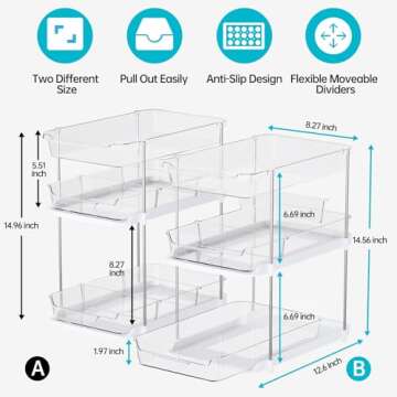 Delamu 2 Sets of 3-Tier Bathroom Under Sink Organizers and Storage, Multi-Purpose Stackable Pantry Organization and Storage, Pull Out Clear Kitchen Bathroom Cabinet Organizer with Movable Dividers