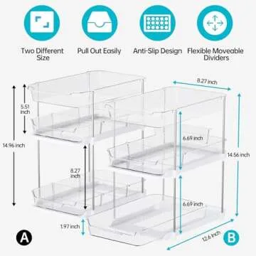 Delamu 2 Sets of 3-Tier Bathroom Under Sink Organizers and Storage, Multi-Purpose Stackable Pantry Organization and Storage, Pull Out Clear Kitchen Bathroom Cabinet Organizer with Movable Dividers