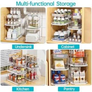 Delamu 2 Sets of 3-Tier Bathroom Under Sink Organizers and Storage, Multi-Purpose Stackable Pantry Organization and Storage, Pull Out Clear Kitchen Bathroom Cabinet Organizer with Movable Dividers