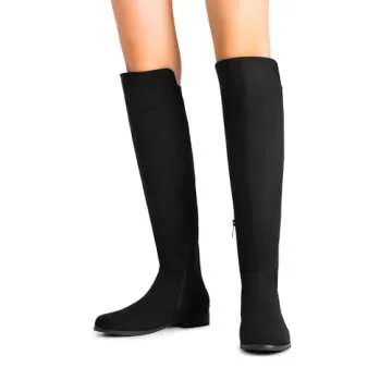 DREAM PAIRS Women's Knee-High Boots Comfortable Flat Low Heel Round Toe Stretchy Suede Slouch Boots with Side Zipper,Size 6.5,Black-Suede,SDKB2404W