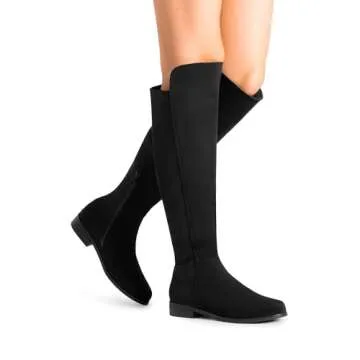 DREAM PAIRS Women's Knee-High Boots Comfortable Flat Low Heel Round Toe Stretchy Suede Slouch Boots with Side Zipper,Size 6.5,Black-Suede,SDKB2404W