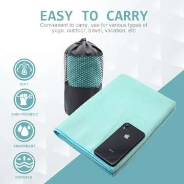 Eunzel Yoga Towel,Hot Yoga Mat Towel with Grip Dots Sweat Absorbent Non-Slip for Hot Yoga, Pilates and Workout 24" x72", Teal