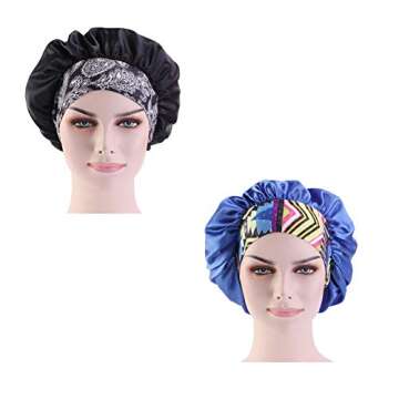 CCCHO Women’s Satin Bonnet Turban Sleep Night Cap Wide Band for Hair Beauty Bath Cap Hair Care Hat Chemo Beanie (Black+Blue)