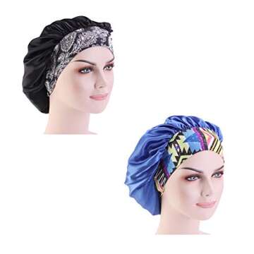 CCCHO Women’s Satin Bonnet Turban Sleep Night Cap Wide Band for Hair Beauty Bath Cap Hair Care Hat Chemo Beanie (Black+Blue)