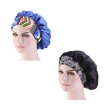 CCCHO Women’s Satin Bonnet Turban Sleep Night Cap Wide Band for Hair Beauty Bath Cap Hair Care Hat Chemo Beanie (Black+Blue)