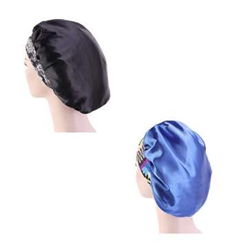 CCCHO Women’s Satin Bonnet Turban Sleep Night Cap Wide Band for Hair Beauty Bath Cap Hair Care Hat Chemo Beanie (Black+Blue)