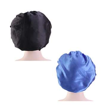 CCCHO Women’s Satin Bonnet Turban Sleep Night Cap Wide Band for Hair Beauty Bath Cap Hair Care Hat Chemo Beanie (Black+Blue)