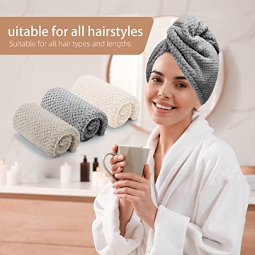 CZZXI 3 PCS Microfiber Hair Towel, Hair Wraps for Women Wet Hair, Fast Drying Hair Turban, Anti Frizz Head Towels Wrap for Curly Hair (Beige, Khaki, Grey)