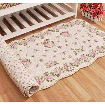 USTIDE Rustic Rose Flowers Area Carpet,Home Decor Cotton Pink Roses Pattern Bedroom Floor Rugs,Uniqu...