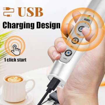 Nahida Silver Milk Frother Wand for Coffee, Frother Handheld Rechargeable Electric Whisk with 3 Head...