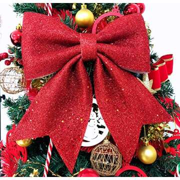 Large Red Glitter Ribbon Bow Tie Christmas Tree Party Decorations Xmas Decor Wreath Ornaments, 10" x...