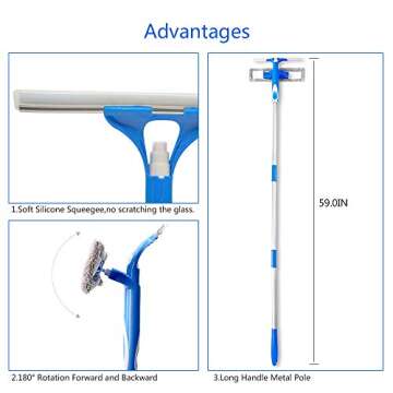 Ulihome Window Squeegee Cleaning Tool - Squeegee Window Cleaner with Spray Head and Scrubber, Window Washing Kit with Extension Pole, Outdoor Glass Washer for Shower, Car and High Windows (58 inches)